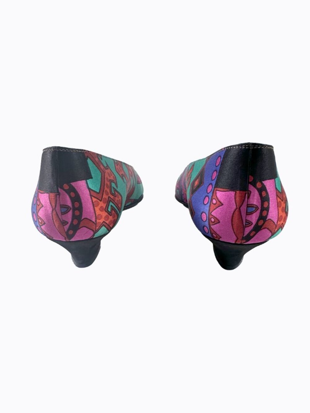 Vtg Bruno Magli Block Heels 7.5 Satin Abstract Purple Pink Italy Vero Cuoio 90s - Picture 6 of 9